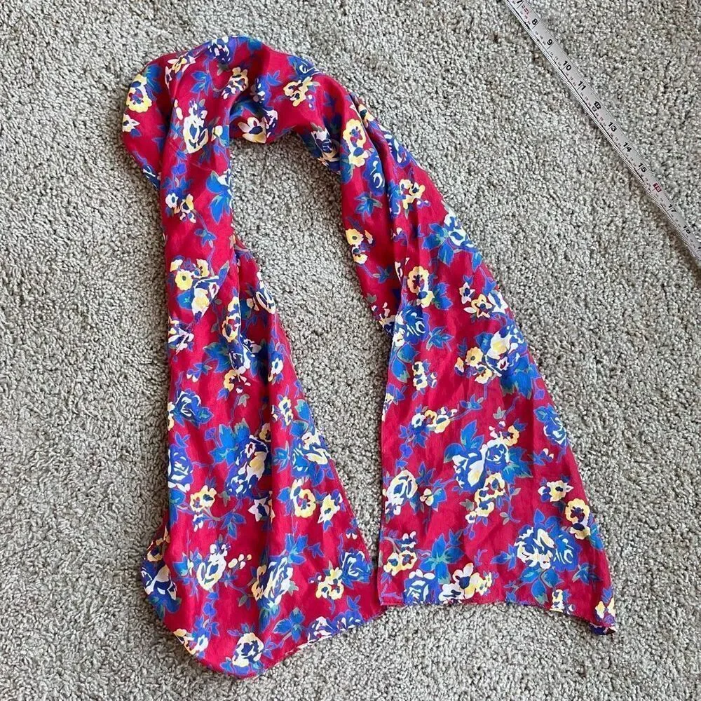 VTG Floral Silk Scarf Red Blue Yellow Long Skinny 11” x 54”